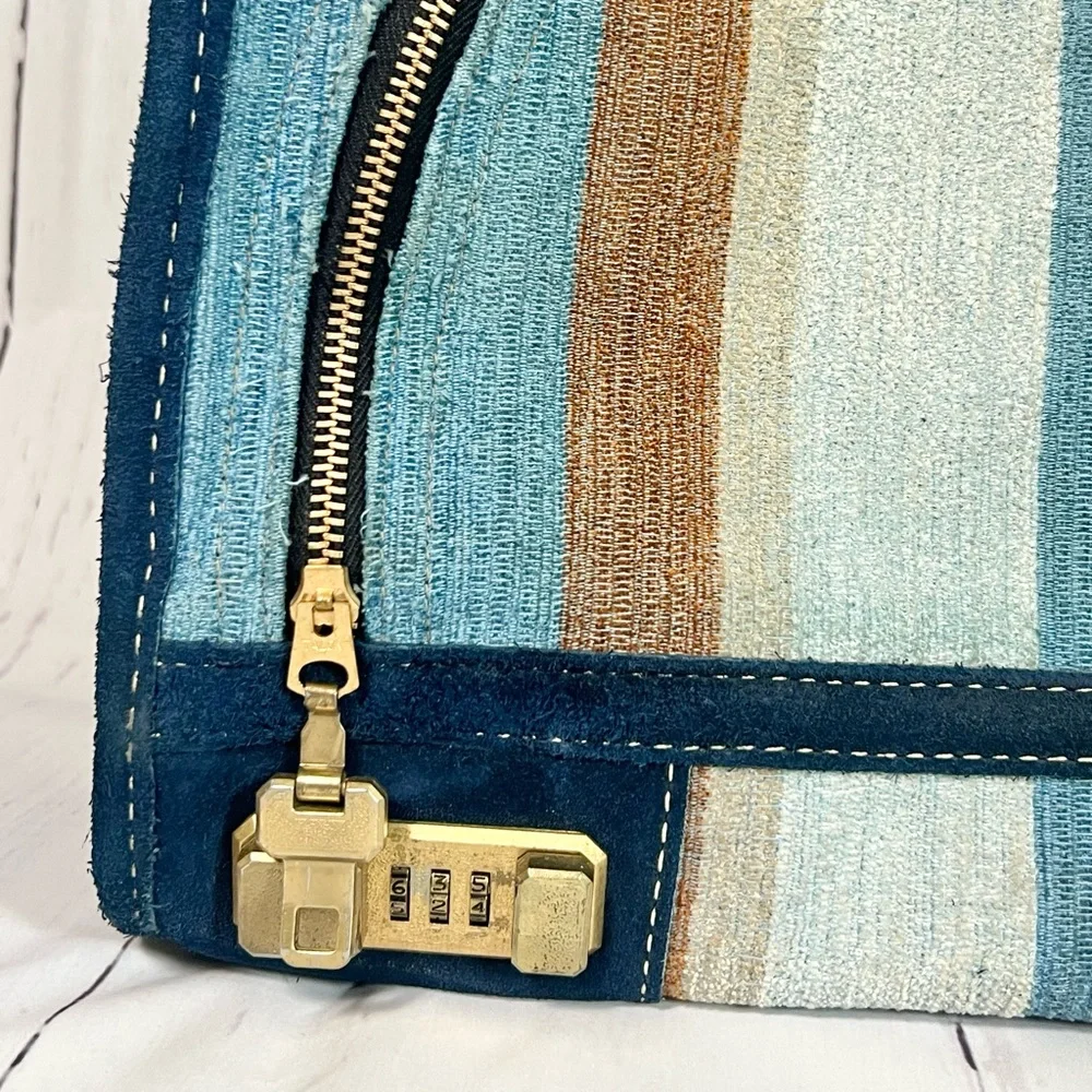 Vintage French Blue suede, striped fabric luggage, travel suitcase rare